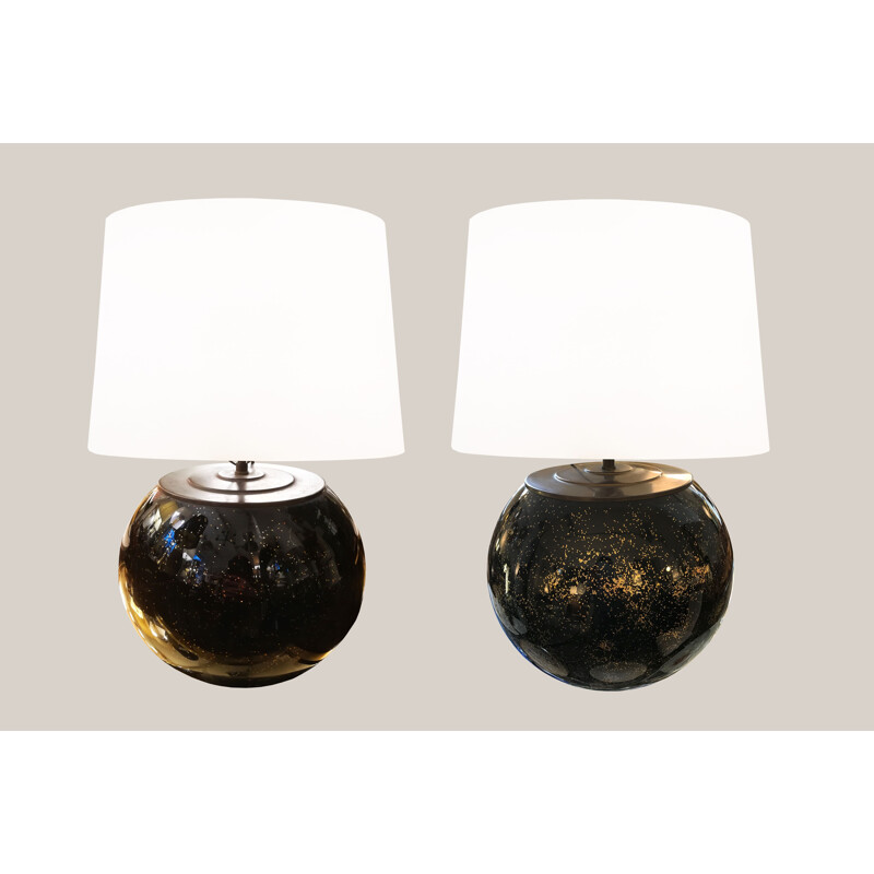 Pair of vintage glass ball lamps with gold glitter by Mathias, 1980