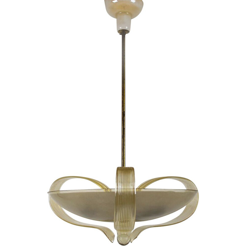 Vintage Art Deco brass & curved glass chandelier from ESC, 1940