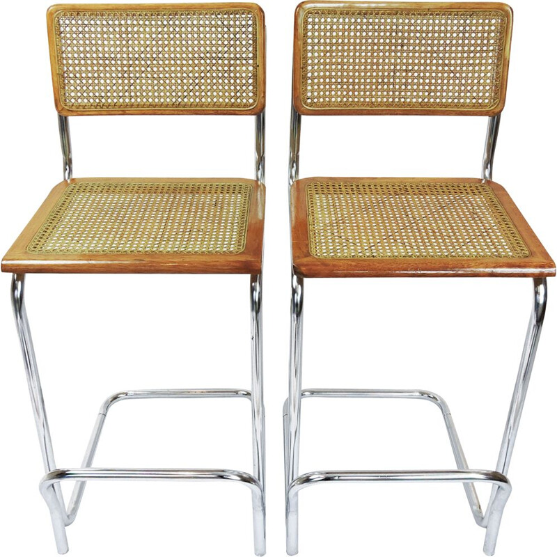 Set of 2 vintage cane and beech bar stools, 1970s