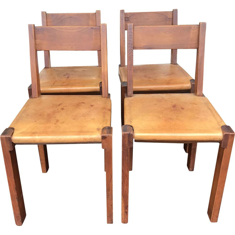 Ensemble de 4 chaises vintage S24 en orme et cuir par Pierre Chapo, 1974