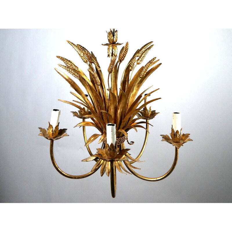 Vintage gold-plated brass sheaf of wheat chandelier  by Hans Kögl, 1970s