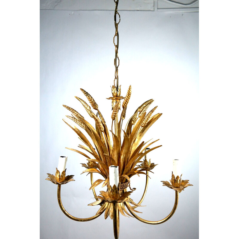 Vintage gold-plated brass sheaf of wheat chandelier  by Hans Kögl, 1970s