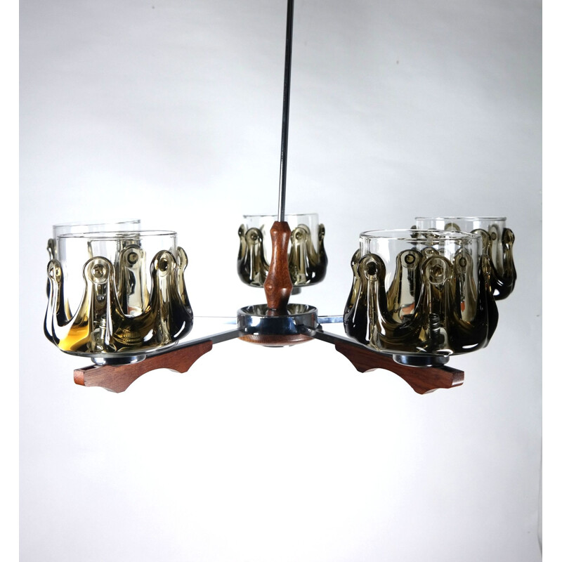 Vintage handmade glass chandelier with rosewood and chrome-plated parts, 1970