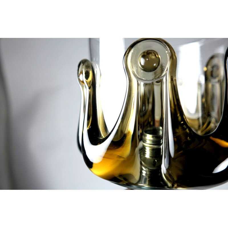 Vintage handmade glass chandelier with rosewood and chrome-plated parts, 1970