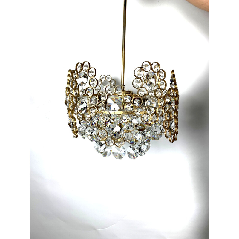 Vintage gilt brass and crystal glass chandelier by Palwa, 1970