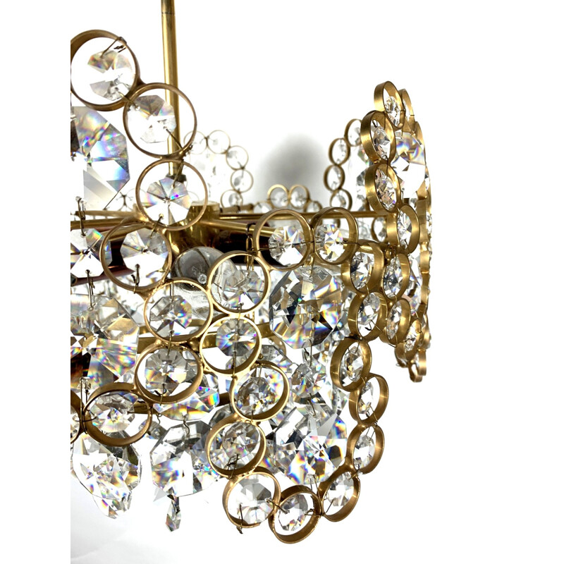 Vintage gilt brass and crystal glass chandelier by Palwa, 1970