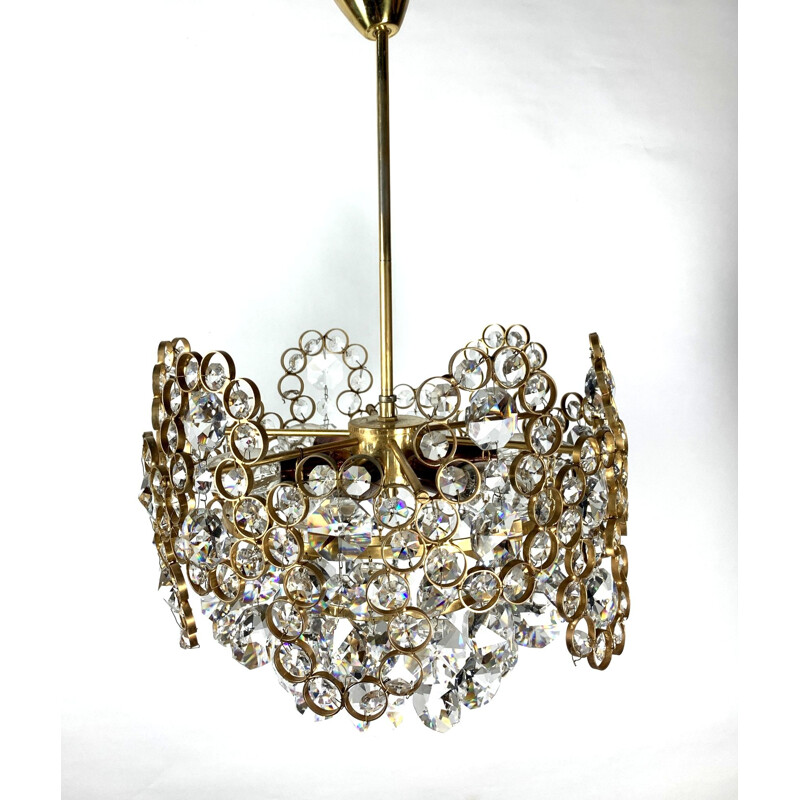 Vintage gilt brass and crystal glass chandelier by Palwa, 1970