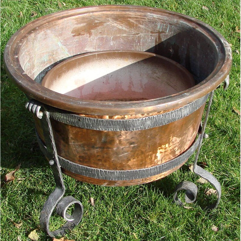 Vintage copper and iron garden pot, 1970s