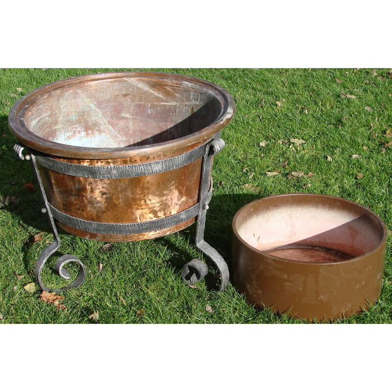 Vintage copper and iron garden pot, 1970s