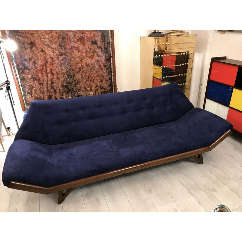 Vintage teak and blue alcantara sofa, 1975s