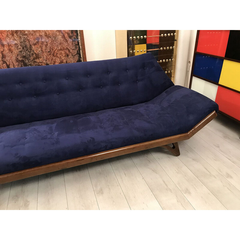 Vintage teak and blue alcantara sofa, 1975s