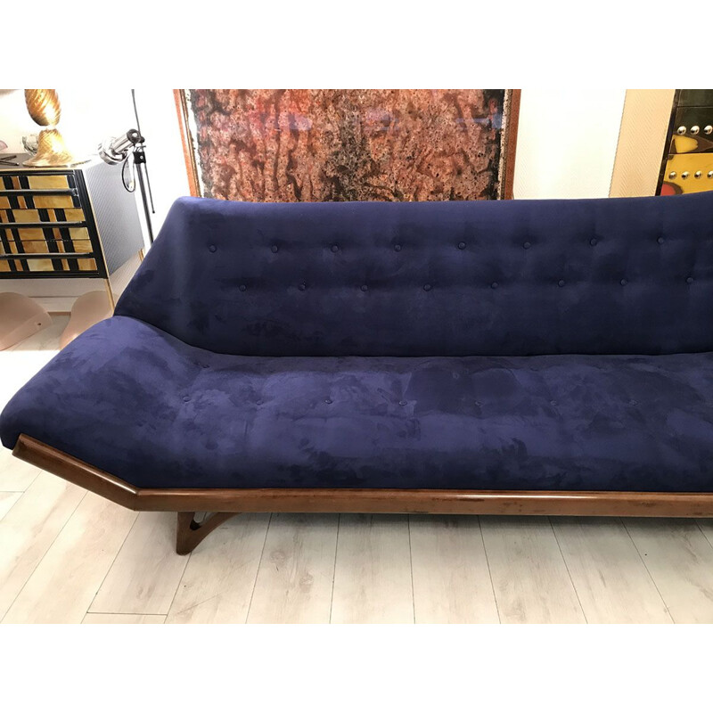 Vintage teak and blue alcantara sofa, 1975s