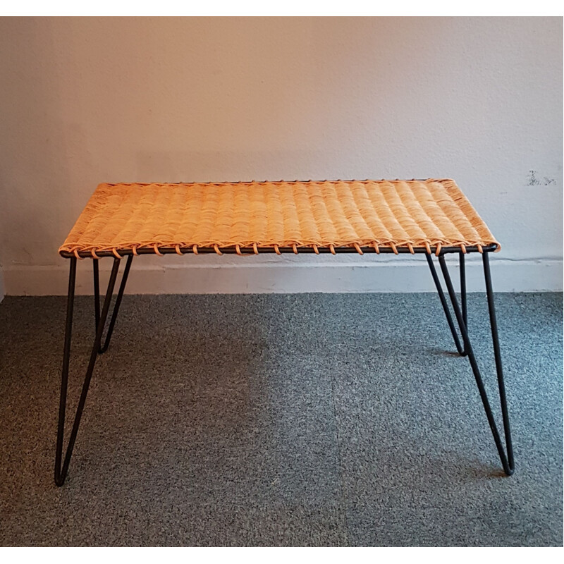 Vintage rattan and metal coffee table by Raoul Guys, 1950s