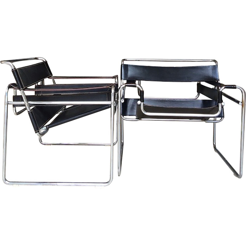 Pair of "wassily" armchairs in tubular metal and leather, Marcel BREUER - 1980s