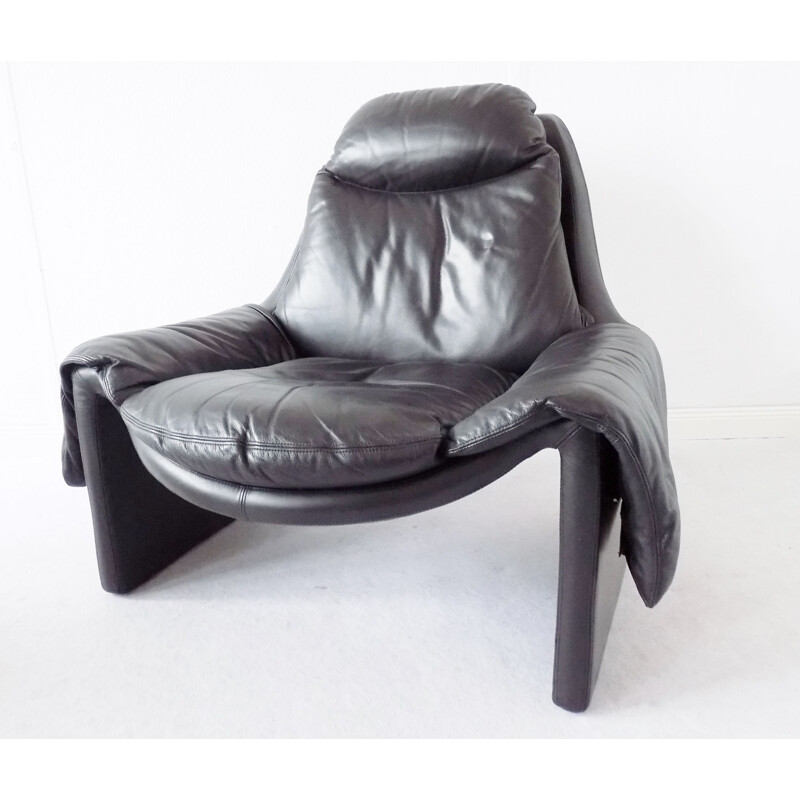 Fauteuil lounge vintage en cuir noir P60 par Vittorio Introini pour Saporiti 