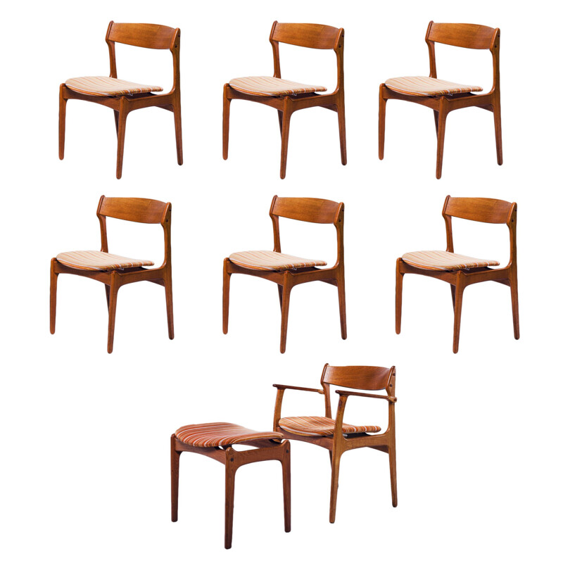 Set of 7 dining chairs and stool by Erik Buch for O.D. Møbler, 1960s