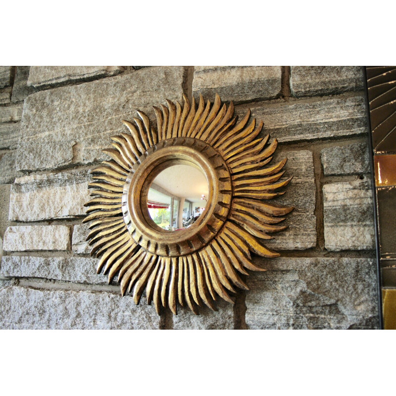 Vintage sun mirror in gilded wood, 1950