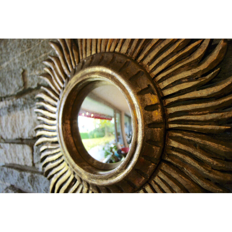 Vintage sun mirror in gilded wood, 1950