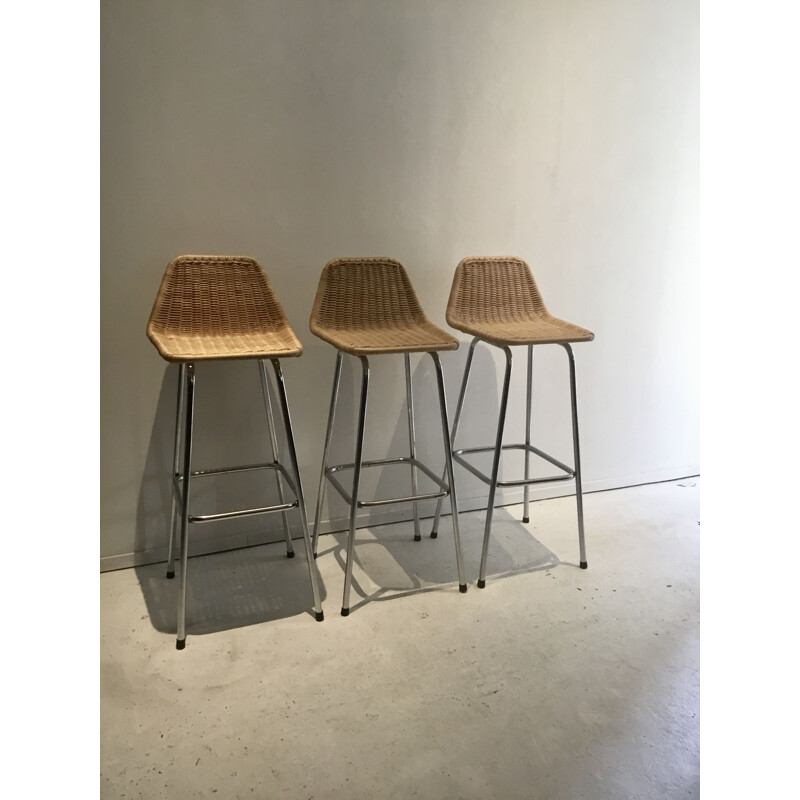 Set of 3 vintage rattan stools by Dirk Van Sliedregt from Rohe Noordwolde, 1960-70s