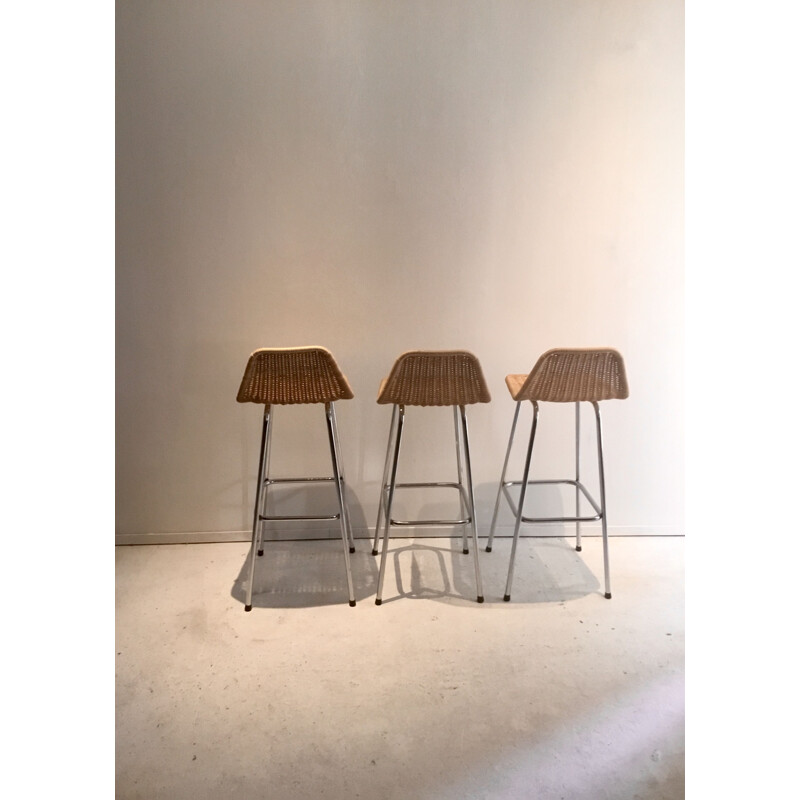 Set of 3 vintage rattan stools by Dirk Van Sliedregt from Rohe Noordwolde, 1960-70s