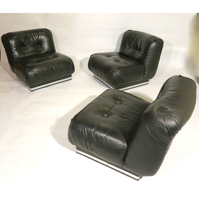 Set of 3 vintage leather and beech sofas, Italy, 1970s