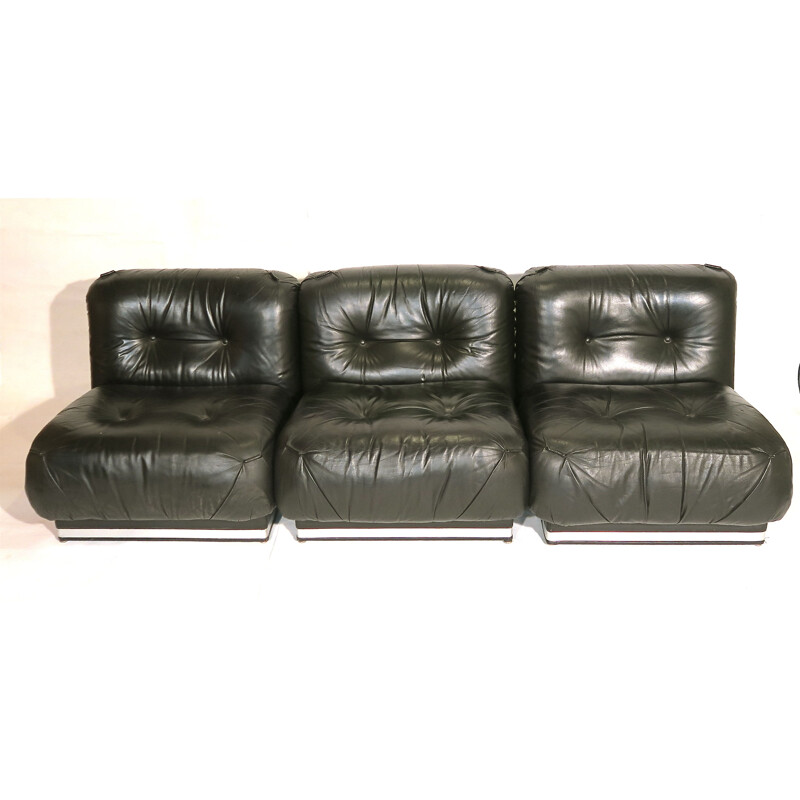 Set of 3 vintage leather and beech sofas, Italy, 1970s