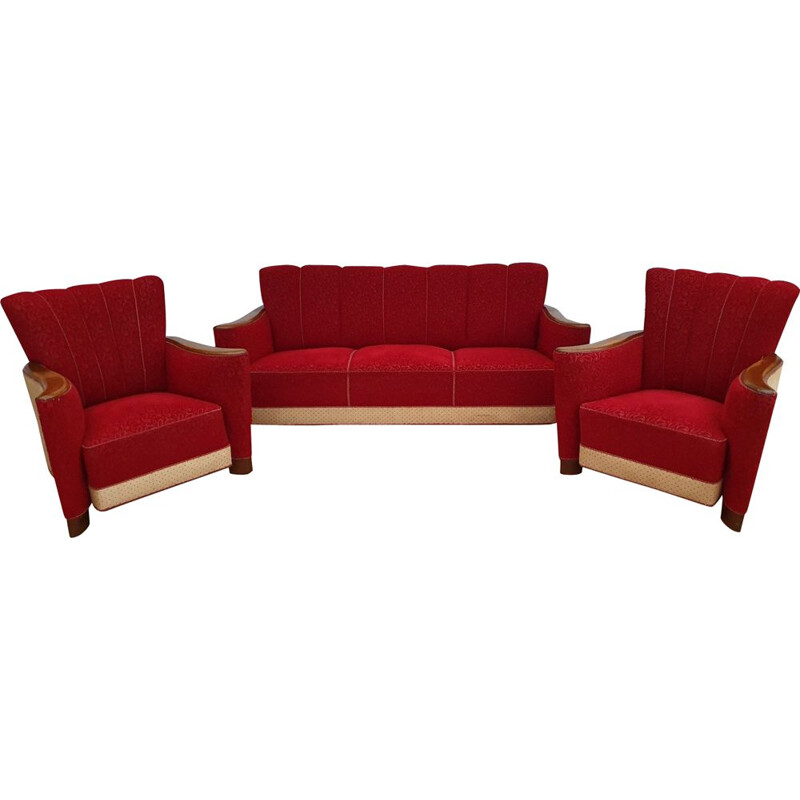 Vintage lounge set in oak wood and red fabric, 1930s
