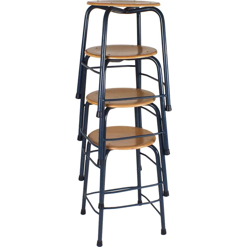 Set of 4 vintage blue metal frame stools, 1950s