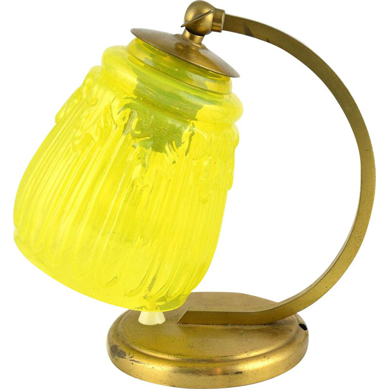 Vintage bedside lamp in uranium glass and brass, Poland 1930