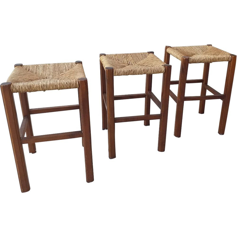 Set of 3 vintage handcrafted vintage stools 1970
