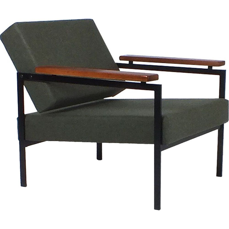 Vintage armchair  with black metal legs and floating wooden armrests for Pastoe