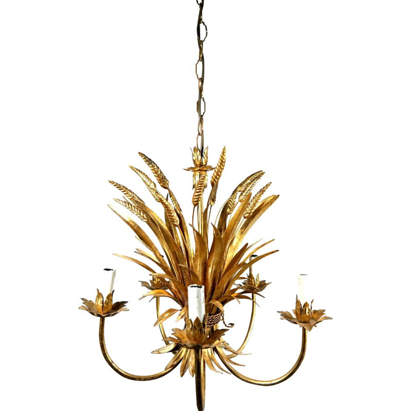 Vintage gold-plated brass sheaf of wheat chandelier  by Hans Kögl, 1970s