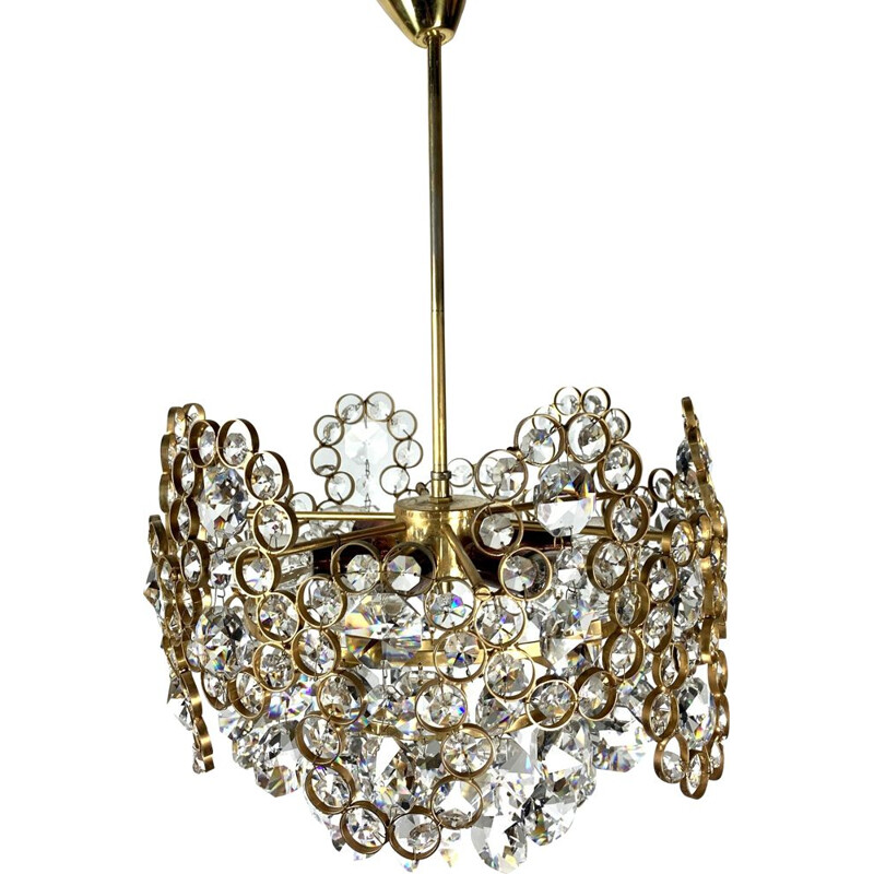 Vintage gilt brass and crystal glass chandelier by Palwa, 1970