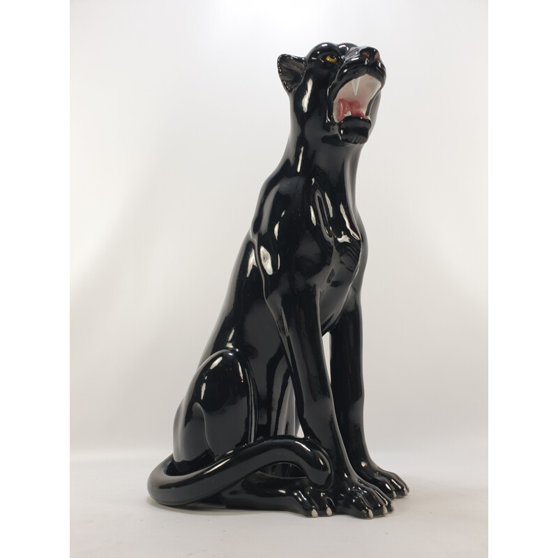 Large black vintage panther ceramic sculpture, Italy, 1960s