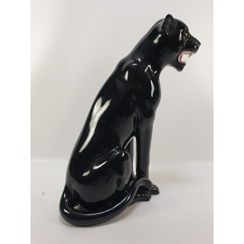 Grande sculpture en céramique de panthère vintage noire, Italie, 1960