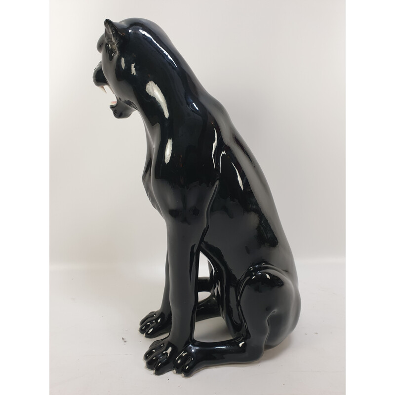 Grande sculpture en céramique de panthère vintage noire, Italie, 1960