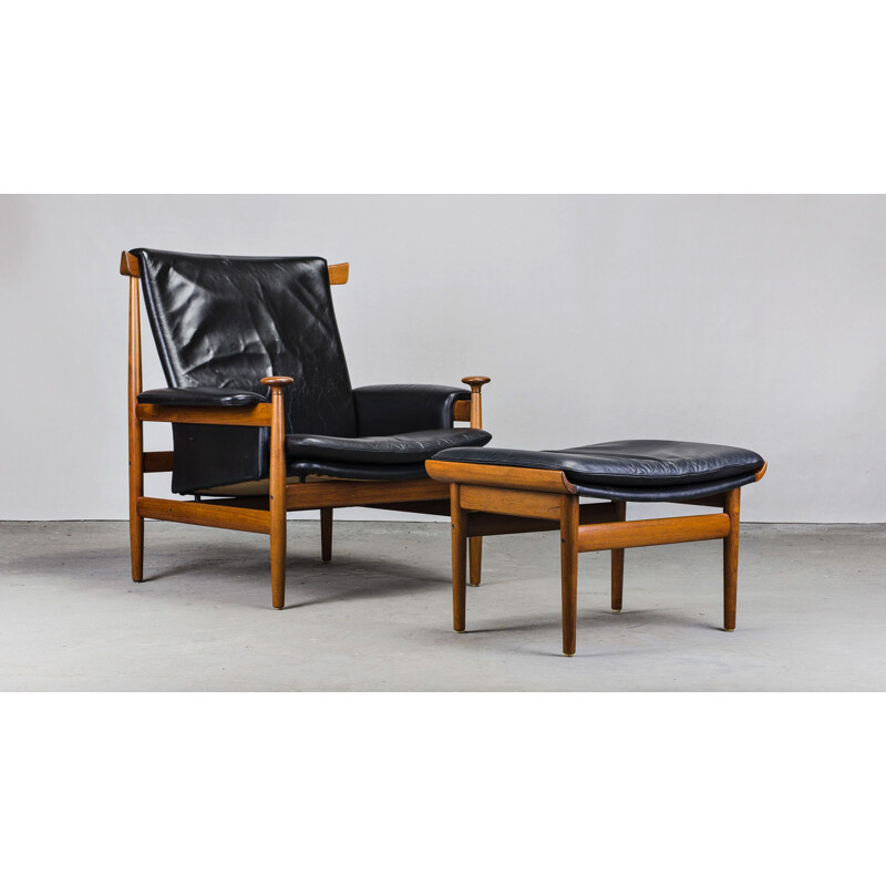 Vintage leather and teak armchair with Ottoman by Finn Juhl for France & Søn, 1950s