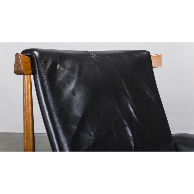 Vintage leather and teak armchair with Ottoman by Finn Juhl for France & Søn, 1950s