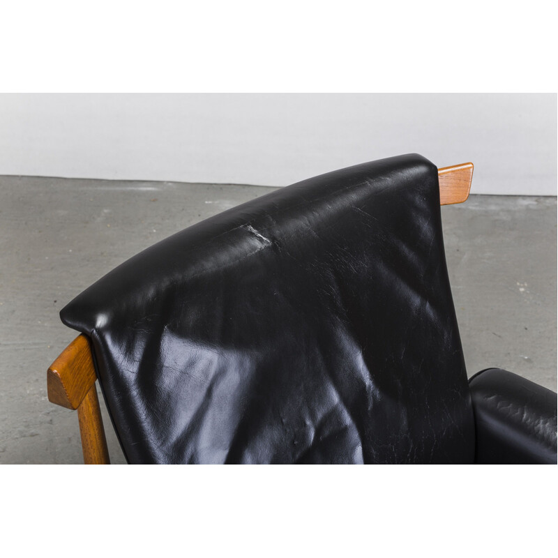 Vintage leather and teak armchair with Ottoman by Finn Juhl for France & Søn, 1950s