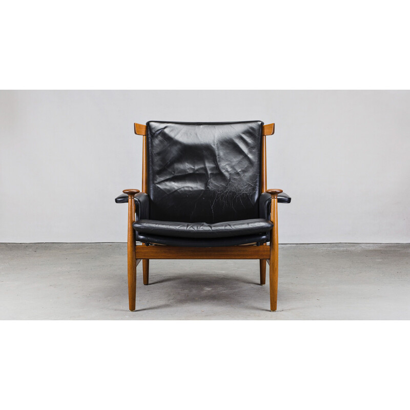 Vintage leather and teak armchair with Ottoman by Finn Juhl for France & Søn, 1950s