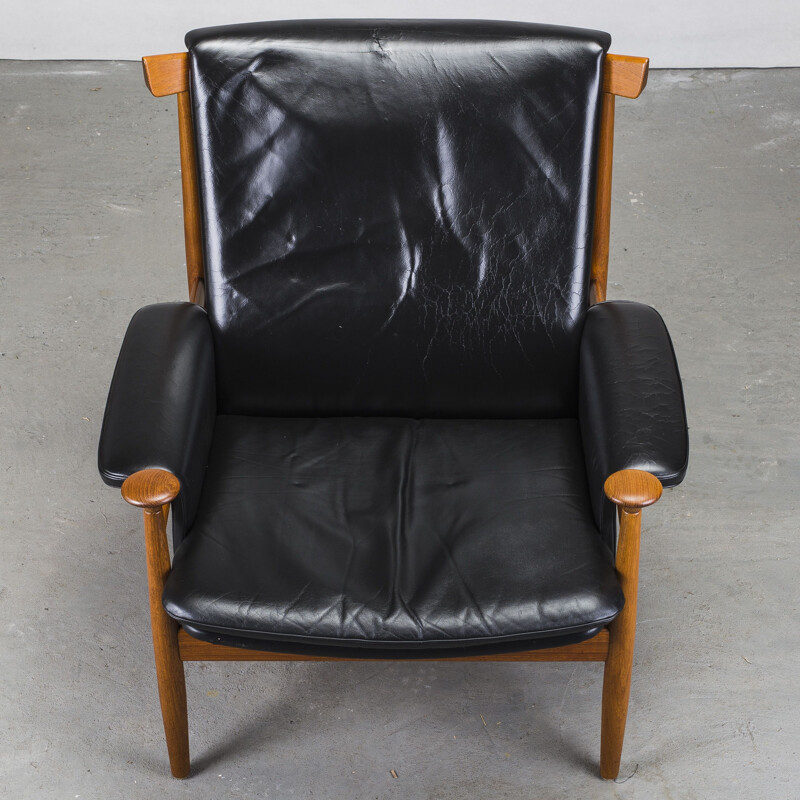 Vintage leather and teak armchair with Ottoman by Finn Juhl for France & Søn, 1950s
