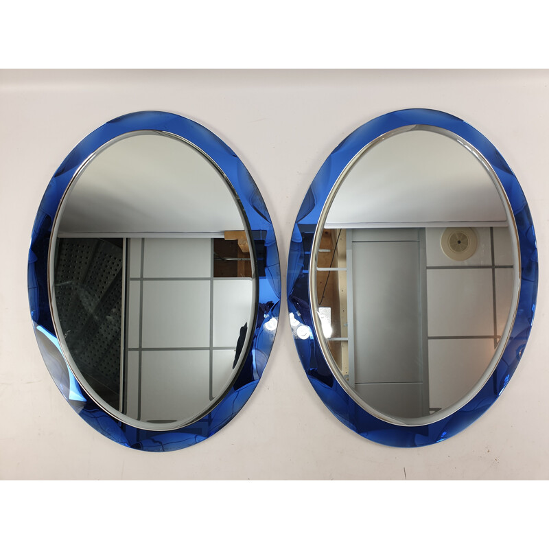 Vintage mirror set with blue glass frame by Metalvetro Galvorame, 1970s