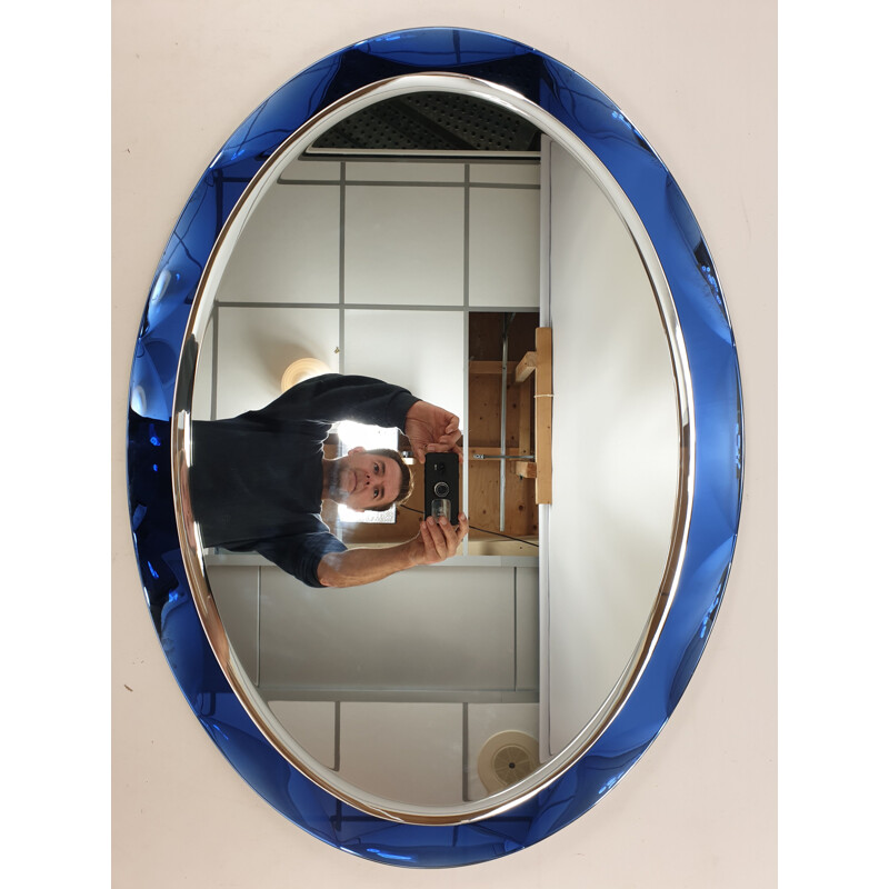 Ensemble de miroir vintage avec cadre en verre bleu par Metalvetro Galvorame, 1970