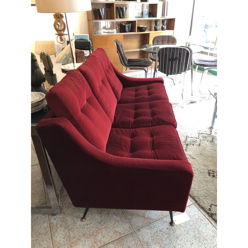 Vintage 3 seater sofa in red velvet from the 50s