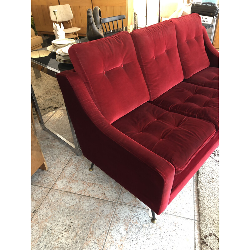 Canapé 3 places vintage en velours rouge 1950 