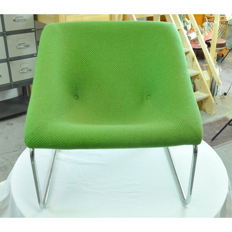 Vintage green armchair in steel and wool - 1970s