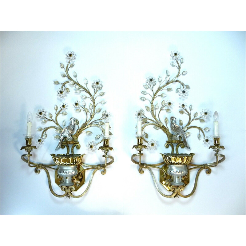 Pareja de apliques italianos vintage en metal dorado y cristal de Banci Firenze, 1960