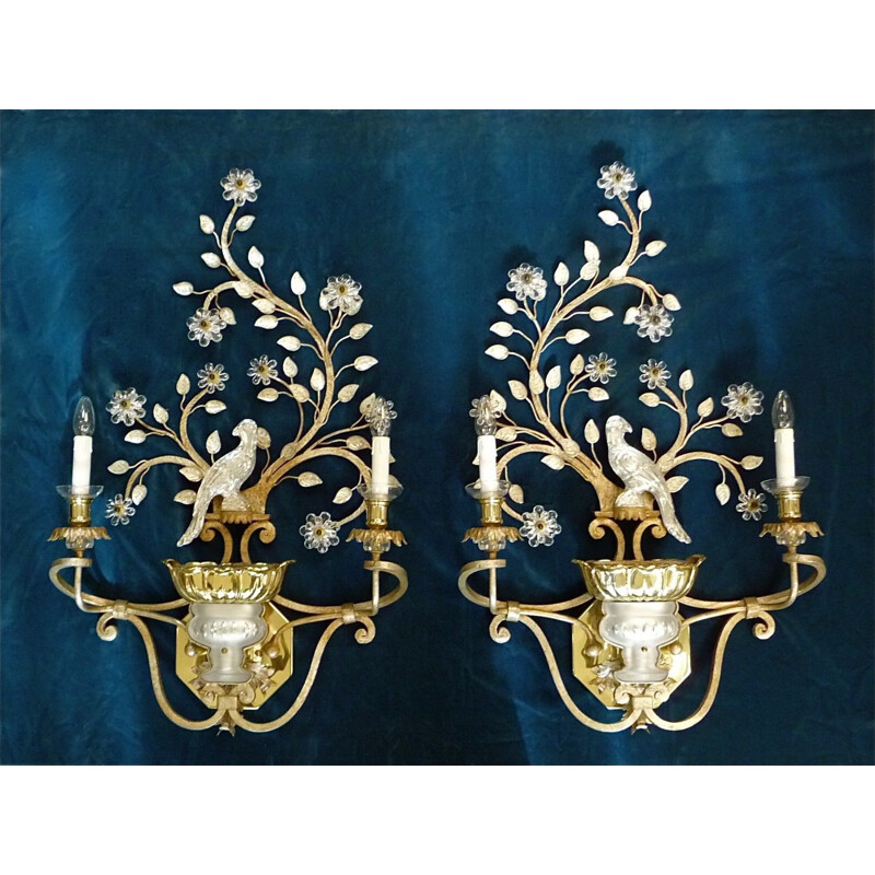 Pair of vintage Italian wall lamps in gilt metal and glass by Banci Firenze, 1960