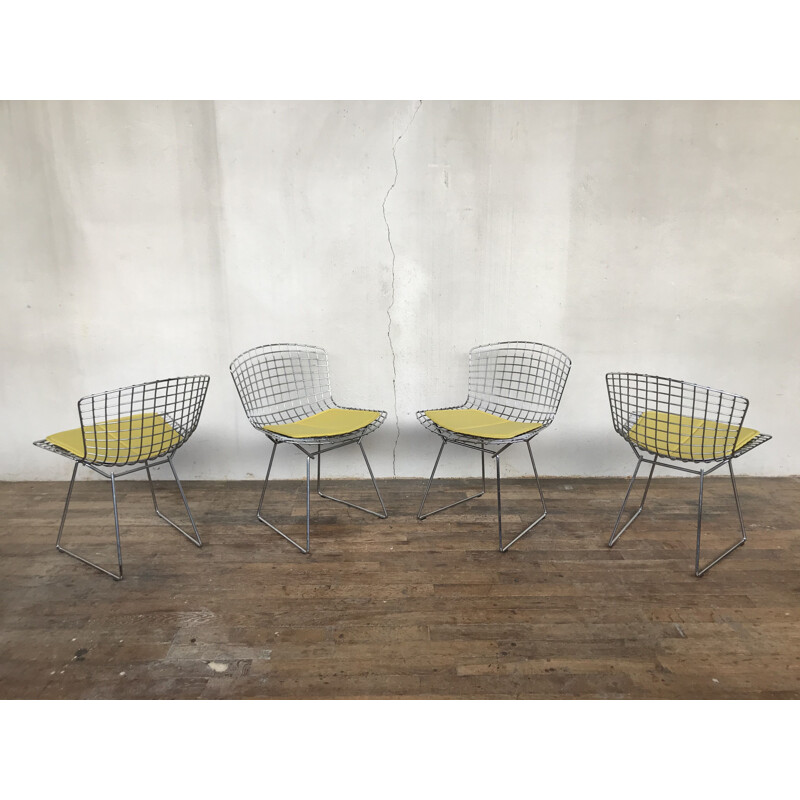 Set of 4 vintage chairs with yellow cushion by Harry Bertoia for Knoll, 1970
