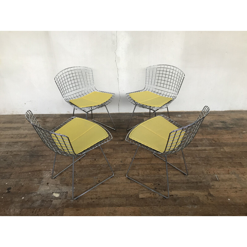 Set of 4 vintage chairs with yellow cushion by Harry Bertoia for Knoll, 1970